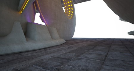 Architectural background. Abstract concrete interior with discs.Colored neon lighting. 3D illustration and rendering.