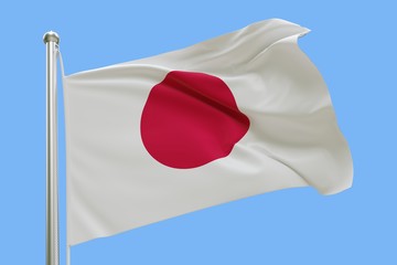 Fototapeta na wymiar Flag of Japan On Flagpole Waving in the Wind. Isolated On Blue Sky Background. 3D Rendering.