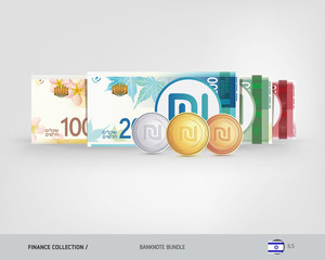 Israeli New Shekel banknotes set and gold, silver, bronze coins. Isolated on background. Cash of different nominal value. Vector illustration on the topic of finance.