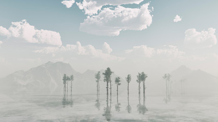Lake with trees and mountains under blue cloudy sky. Computer generated image.