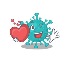 A romantic cartoon design of corona zygote virus holding heart