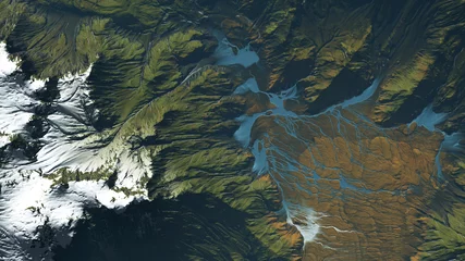 Dekokissen Aerial of mountain landscape with snow and river. Digitally generated image. © ysbrandcosijn