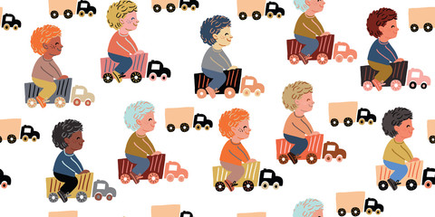 seamless pattern with boys playing kids toys, cars