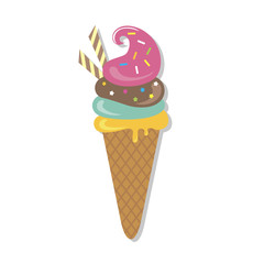 Ice cream flat style on white background. Strawberry, chocolate, vanilla with colored sprinkles in a waffle cone.