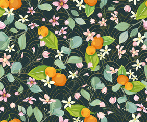 Fototapeta na wymiar Seamless pattern with blooming sakura and tangerines