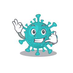 Naklejka premium Corona zygote virus mascot cartoon design showing Call me gesture