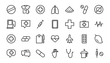 Fototapeta premium Simple Set of Medicine, Pills Related Vector Line Icons. Contains icons such as Pain, Syringe, tablet and more. Editable stroke. 480x480 pixels perfect, on a white background
