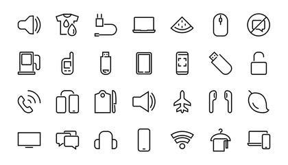 A set of smart devices and gadgets, computer hardware and electronics. Electronic devices icons for web and mobile vector lines. computer, telephone. Editable stroke. 48x48 pixels