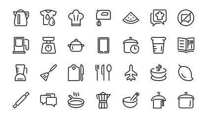Set of icons for cooking and kitchen, vector lines, contains icons such as a knife, saucepan, boiling time, mixer, scales, recipe book. Editable stroke, perfect 480x480 pixels, white background
