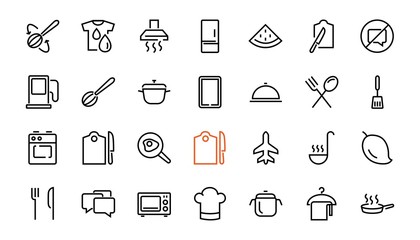 Set of cooking and kitchen icons, Vector lines, contains icons such as frying pan, frying, microwave, fork with spoon, Editable stroke, perfect 480x480 pixels, white background.