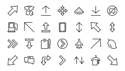 Set of line arrows, directions, arrows, contains icons such as pause, continuation, directly, to the right, Editable stroke. 480x480, On a white background, Vector illustration