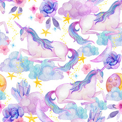 Obraz na płótnie Canvas Watercolor beautiful unicorns, crystals, flowers, moon on starry background