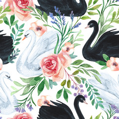 Watercolor white and black swan lake seamless pattern. Beautiful birds with flowers, leaves, berries on white background © Tanya Syrytsyna