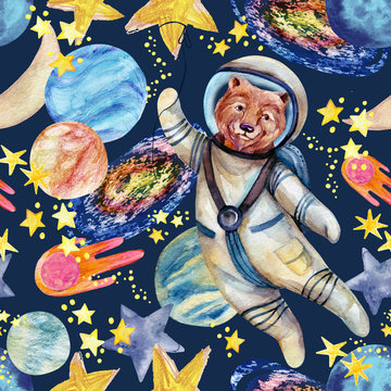 Watercolor cool bear in spacesuit, galaxy, moon, constellation on starry background