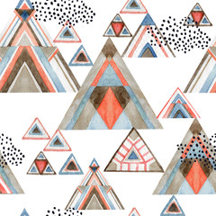 Abstract geometric seamless pattern with watercolor triangles in patchwork style.