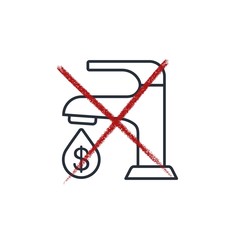 Crossed out financial faucet . Prohibition of financial assistance. Subsidies. Prohibition of investments. Vector linear icon isolated on white background.