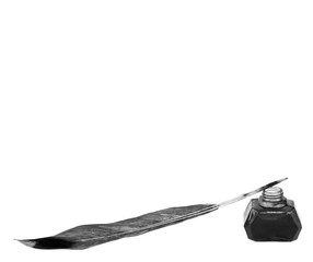 Close-up of quill and inkwell isolated on white background.