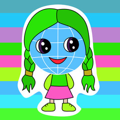 emoji with eco friendly world picture with happy smiling earth globe, simple multi-colored emoticon, chibi girl personage, eps 10 vector illustration