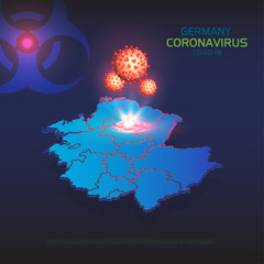 Coronavirus in Germany. Isometric map of Germany with regions country. Hologram 3D molecules of coronavirus bacteria COVID-2019 on a blue futuristic background with biohazard sign.Coronavirus outbreak