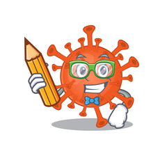 A smart student deadly corona virus character with a pencil and glasses