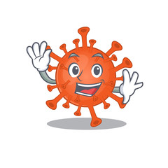 Smiley deadly corona virus cartoon mascot design with waving hand