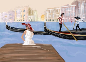 Illustration of a woman enjoying beautiful view on venetian chanal and gondolas in Venice. Traveling in Venice concept