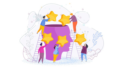Create Positive Image. Tiny people put stars in a huge head.