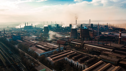 Fototapeta premium teel mill metallurgical plant bad ecology smoke from pipes aerial 