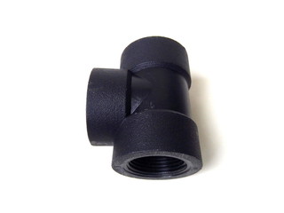 Close up of black plastic pipe fitting isolated on white background. Water pipe.