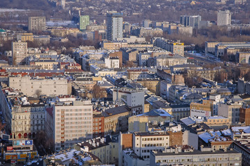 Aerial view of downtown district in Warsaw, capital of Poland