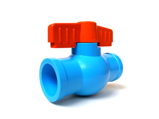 Close up of blue PVC water valve isolated on white background. Ball valve. Plastic faucet.