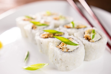 Rolls with eggs and leek on a plate