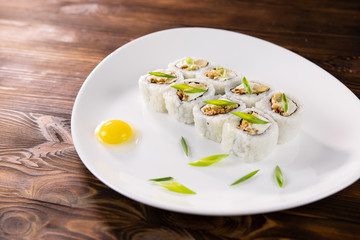 Rolls with eggs and leek on a plate