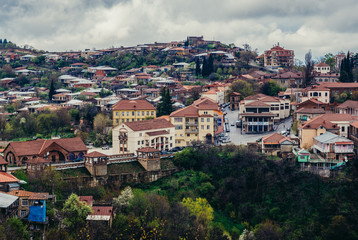 Naklejka premium Aerial view on buildings of Sighnaghi, small town in Kakheti district of Georgia