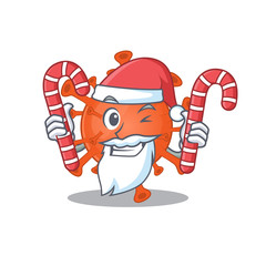 Friendly deadly corona virus in Santa Cartoon character having candies