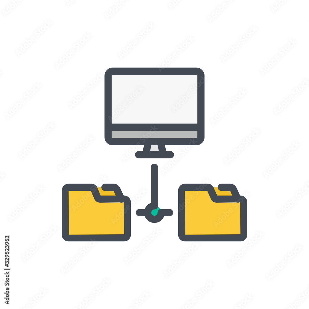 Poster connect to files server color line icon. computer with connection to file folders vector outline col