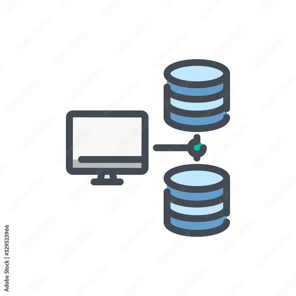 Poster connect to database color line icon. computer with connection to file server vector outline colorful