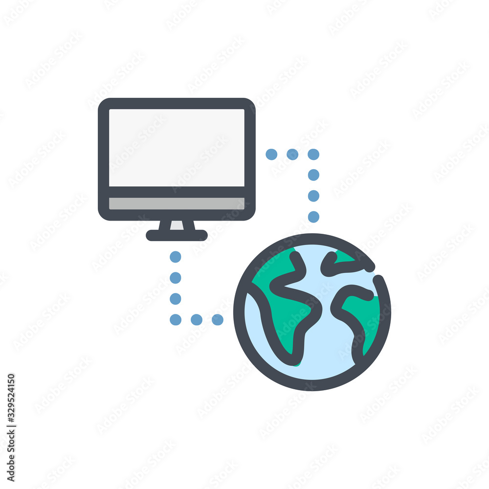 Poster Network connection color line icon. Computer with connection to global network vector outline colorful sign.