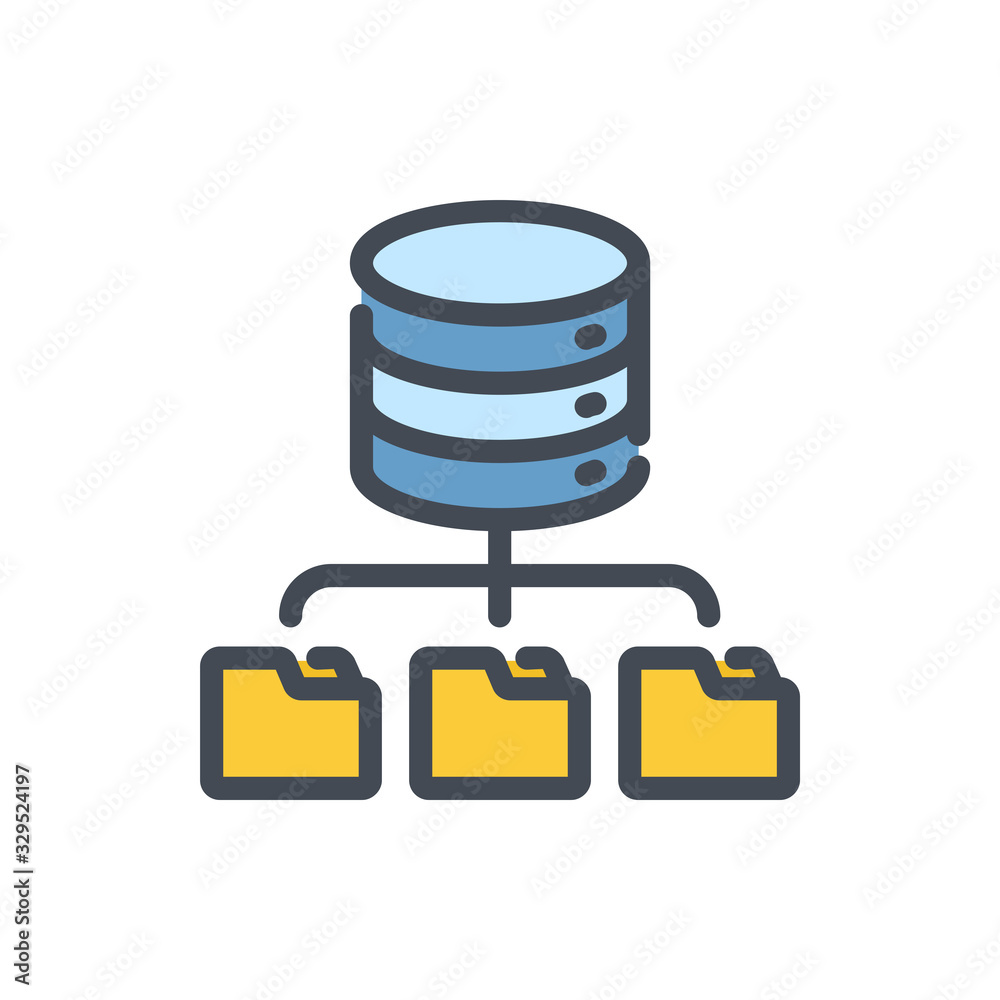 Poster file storage database color line icon. data server with connection to file folders vector outline co
