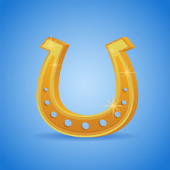 Golden horseshoe on blue background. St. Patrick's day element. Vector illustration.