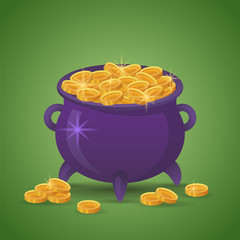 Leprechaun pot with gold coins on blue background. St. Patrick's day element. Vector illustration.