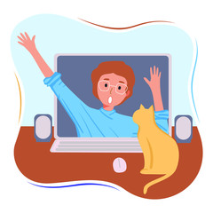 Boy or man trying to go out from computer . Concept of addiction to internet or person addicted to social media services. Flat vector stock illustration. Сat is looking at the computer