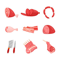 Fresh organic meat cartoon vector illustration. Shank, sausage, salami, chicken, bacon, ribs, steak, cleaver, knife. Pork, beef and lamb raw meat, butcher's tools.