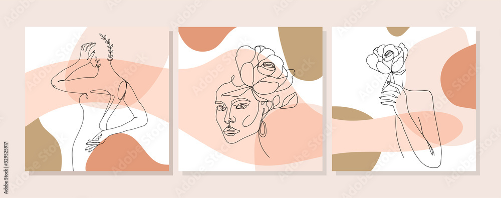 Wall mural Set of illustrations with one line continuous portrait, flowers and leaves. Abstract collage with geometric shapes. Design templates for social media stories, covers, postcard, banner etc. Vector.