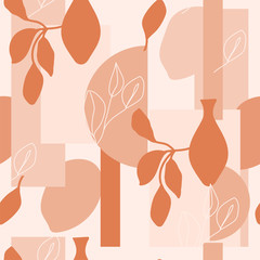 Contemporary collage pastel seamless pattern. Terracotta abstract shapes and tropical leaves. Texture for textile, packaging, wrapping paper, social media post etc. Vector illustration.