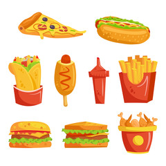 Fast food cartoon vector set. Pizza, hot dog, shawarma, corn dog, ketchup, french fries, burger, sandwich, chicken legs and wings.