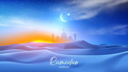 Ramadan Kareem holiday banner. Realistic night desert landscape with starry sky, crescent and clouds. 3d vector illustration with silhouette of mosque. Greeting card for muslim festival. © Yaran