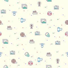 Fototapeta premium Seamless pattern camera vector illustration. photography, media, photos, lighting, lens, film, video, camera setting and other elements. Seamless texture.