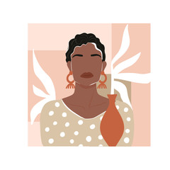 Contemporary fashion collage with abstract African woman portrait, leaf, vase and geometric elements. Trendy illustration in minimalistic style. Vector print poster, card, invitation, t-shirt etc.