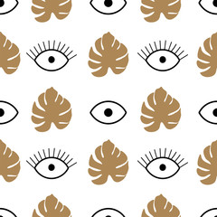 Contemporary seamless pattern. Monstera leaf and psychedelic eyes. Texture for textile, packaging, wrapping paper, social media post etc. Vector illustration.